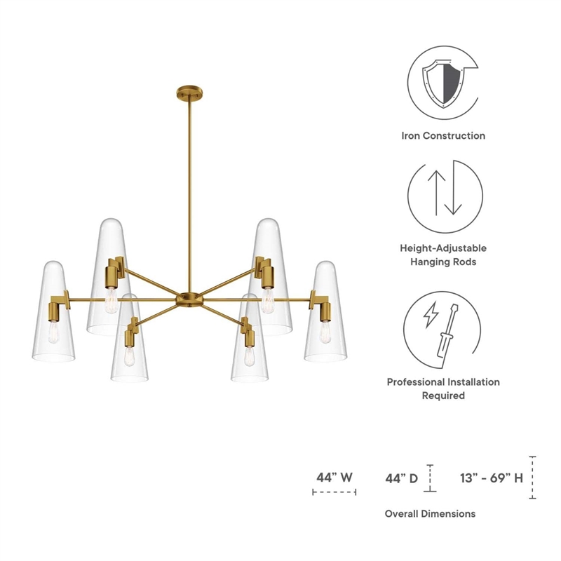 Modway Beacon 6-Light Metal and Glass Chandelier in Clear/Satin Brass