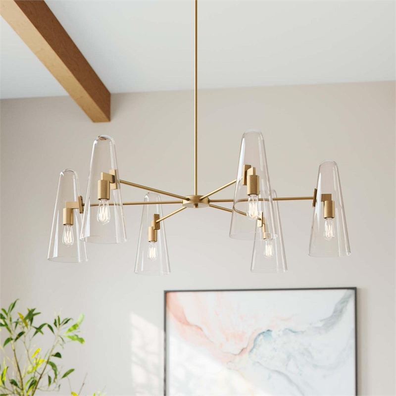 Modway Beacon 6-Light Metal and Glass Chandelier in Clear/Satin Brass