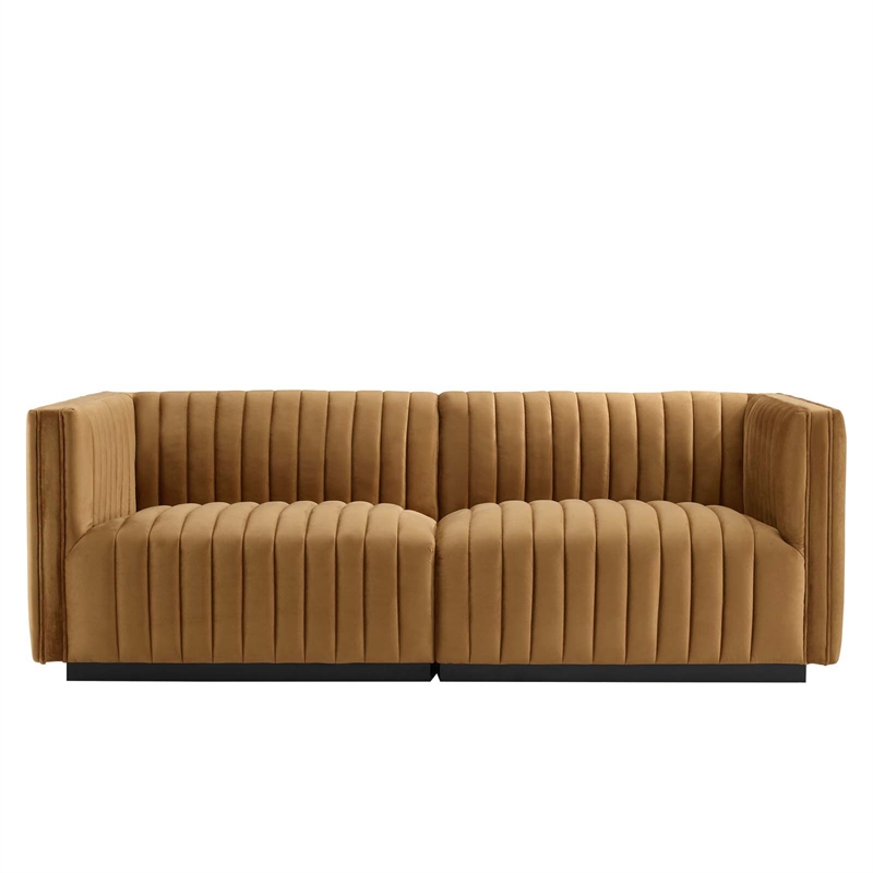 Modway Conjure Channel Tufted Performance Velvet Loveseat in Black/Cognac