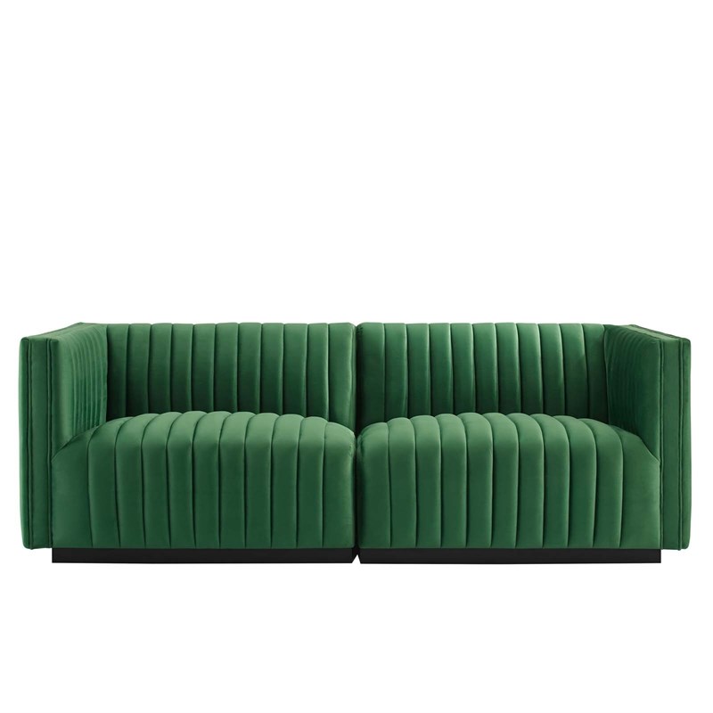 Modway Conjure Channel Tufted Performance Velvet Loveseat in Black/Emerald