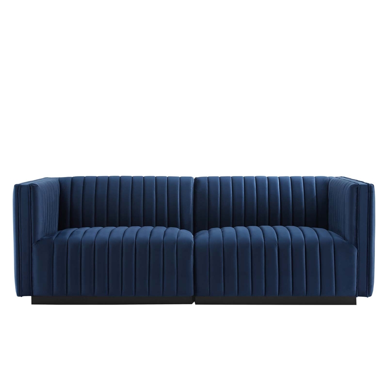 Modway Conjure Channel Tufted Performance Velvet Loveseat in Black/Midnight Blue