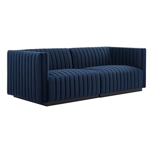 Modway Conjure Channel Tufted Performance Velvet Loveseat in Black/Midnight Blue