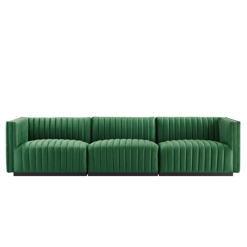 Modway Conjure Channel Tufted Performance Velvet Sofa in Black/Emerald