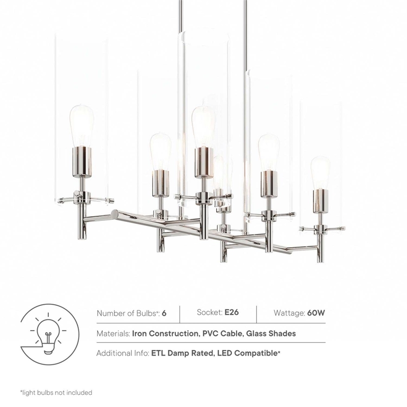 Modway Skylark 6-Light Glass and Metal Chandelier in Clear/Polished Nickel