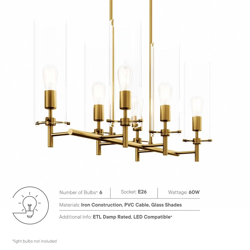 Modway Skylark 6-Light Glass and Metal Chandelier in Clear/Satin Brass