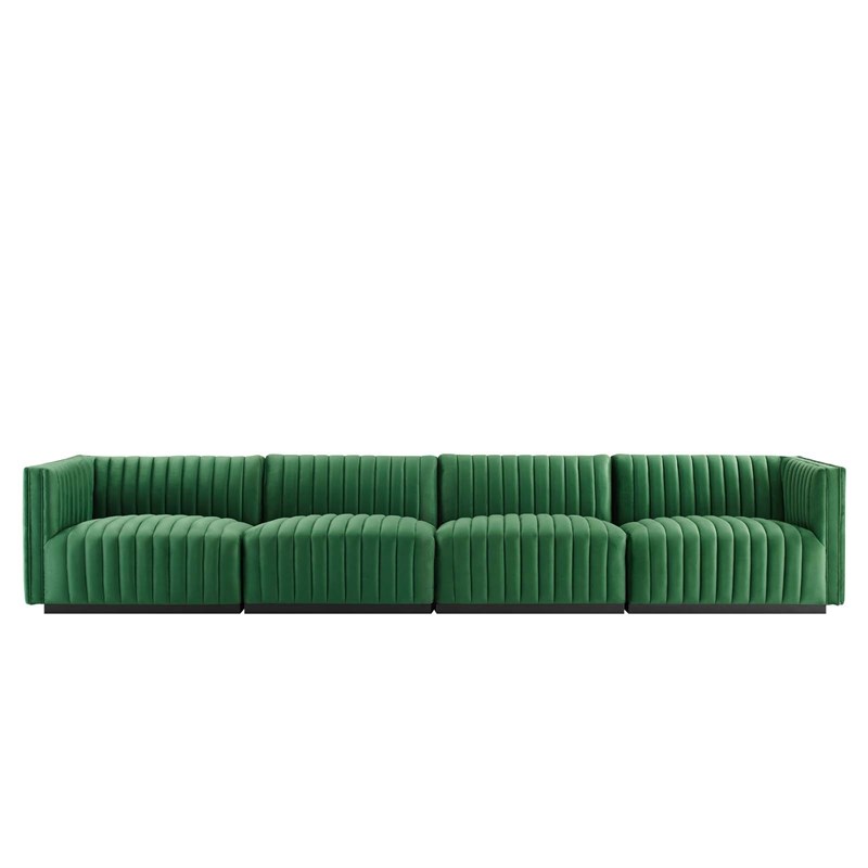 Modway Conjure 4-Piece Channel Tufted Performance Velvet Sofa in Black/Emerald