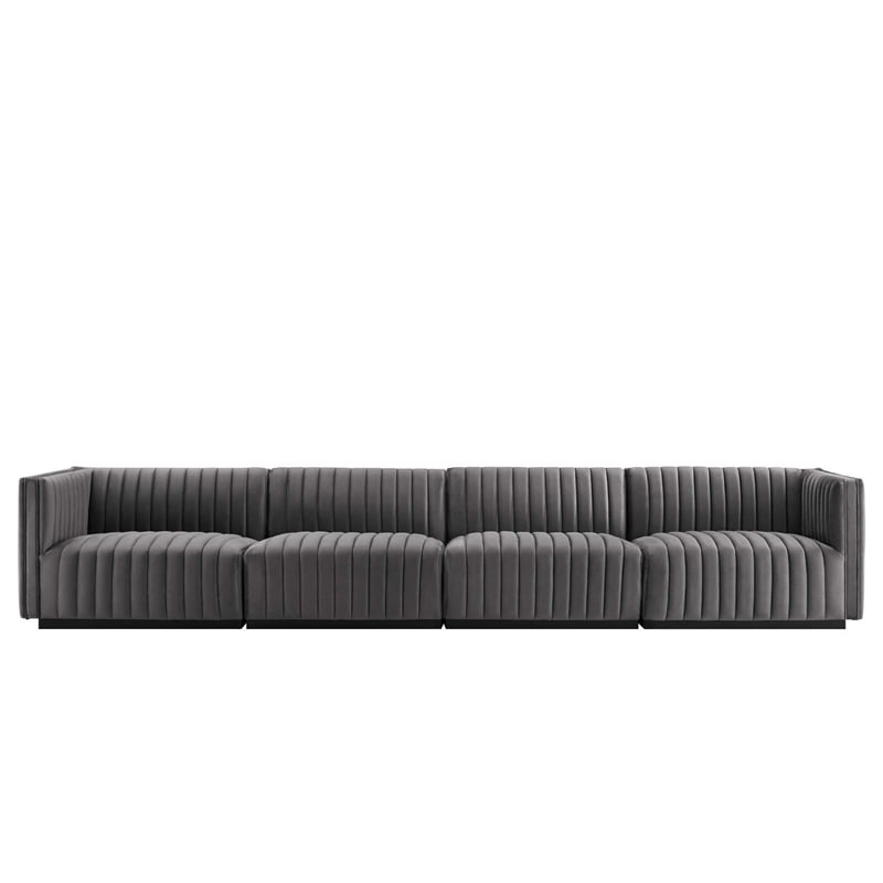 Modway Conjure 4-Piece Channel Tufted Performance Velvet Sofa in Black/Gray
