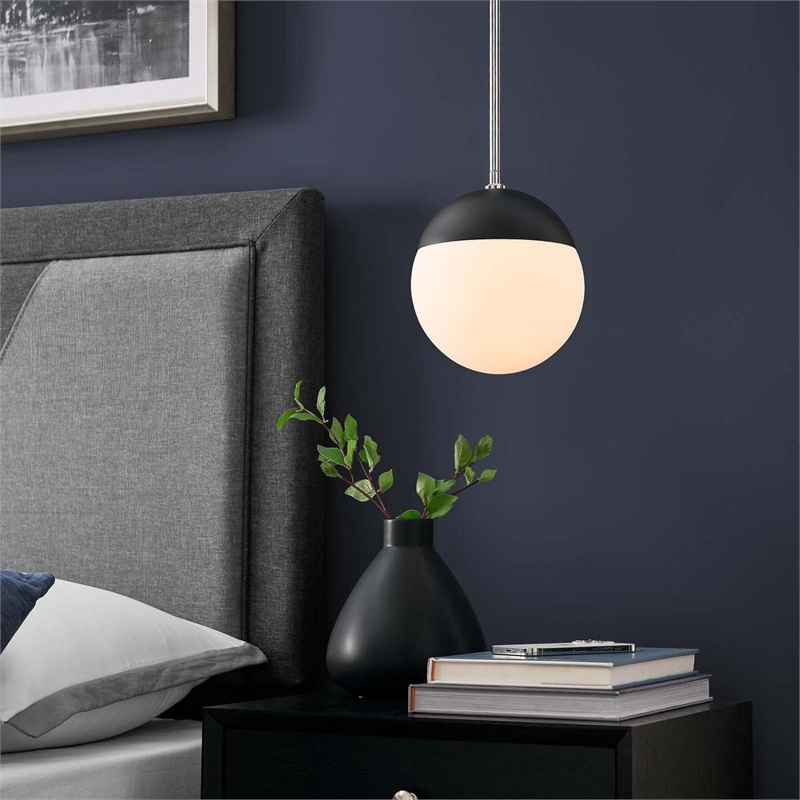 Modway Stellar 1-Light Metal and Glass Pendant Light in Opal/Polished Nickel