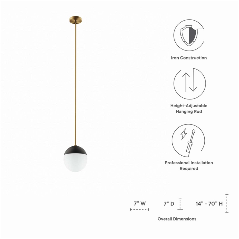 Modway Stellar 1-Light Metal and Glass Pendant Light in Opal/Satin Brass