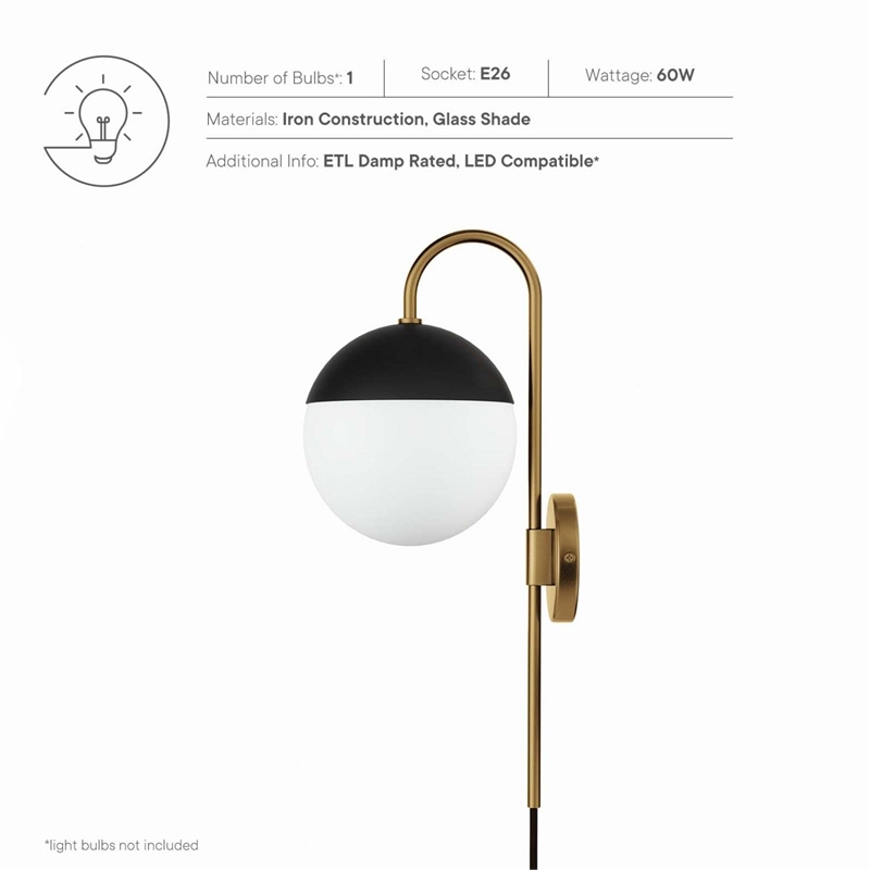 Modway Stellar 1-Light Metal and Glass Wall Sconce in Opal and Satin Brass