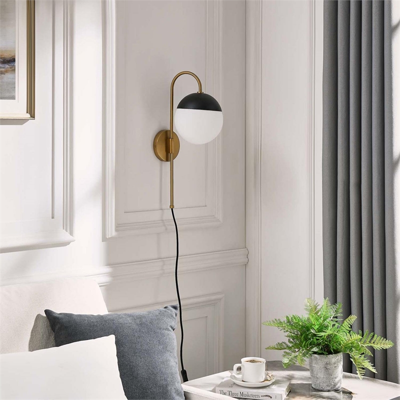 Modway Stellar 1-Light Metal and Glass Wall Sconce in Opal and Satin Brass