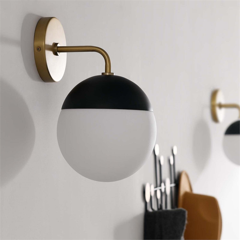 Modway Stellar 1-Light Metal and Glass Wall Sconce in Opal/Satin Brass