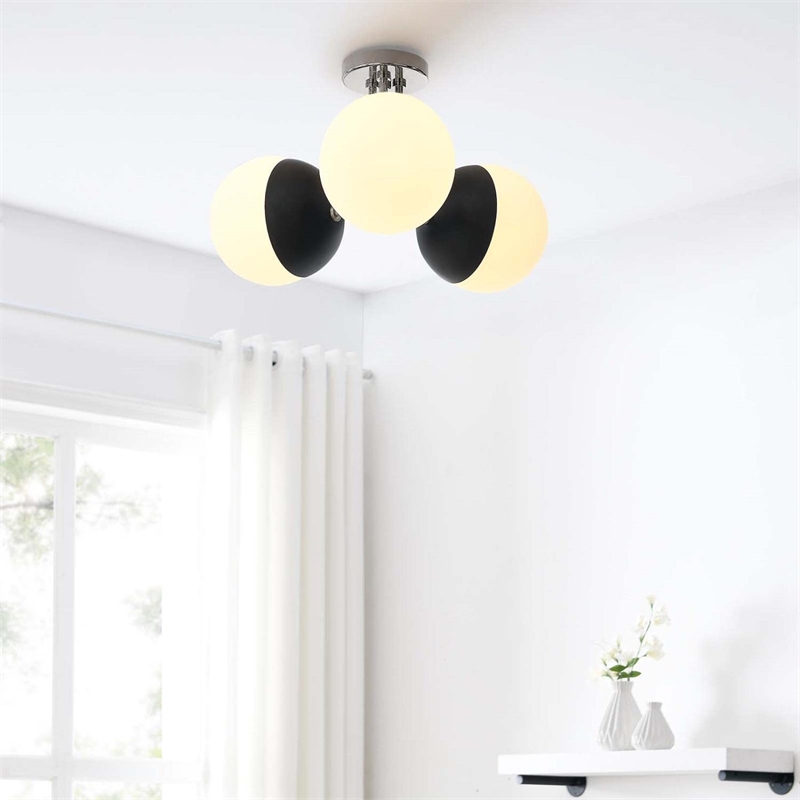 Modway Stellar 3-Light Metal and Glass Semi-Flush Ceiling Light in Opal/Nickel