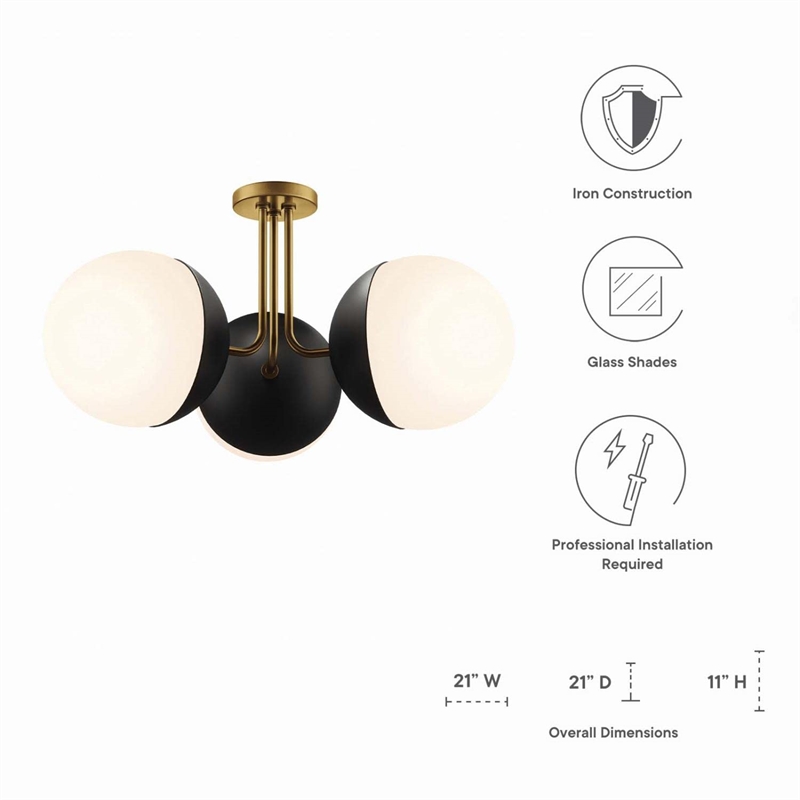 Modway Stellar 3-Light Metal and Glass Semi-Flush Ceiling Light in Opal/Brass