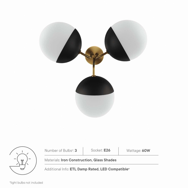 Modway Stellar 3-Light Metal and Glass Semi-Flush Ceiling Light in Opal/Brass