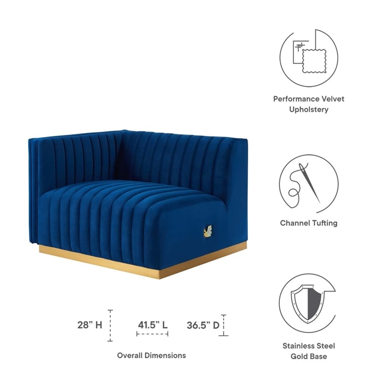 Modway Conjure Channel Tufted Performance Velvet Left-Arm Chair in Gold/Navy