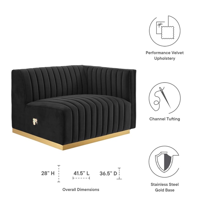 Modway Conjure Channel Tufted Performance Velvet Right-Arm Chair in Gold/Black