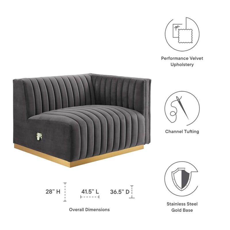 Modway Conjure Channel Tufted Performance Velvet Right-Arm Chair in Gold/Gray