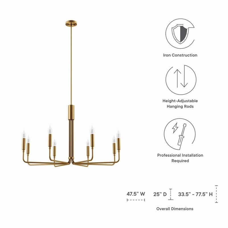 Modway Rekindle 8-Light Iron Metal Chandelier in Satin Brass