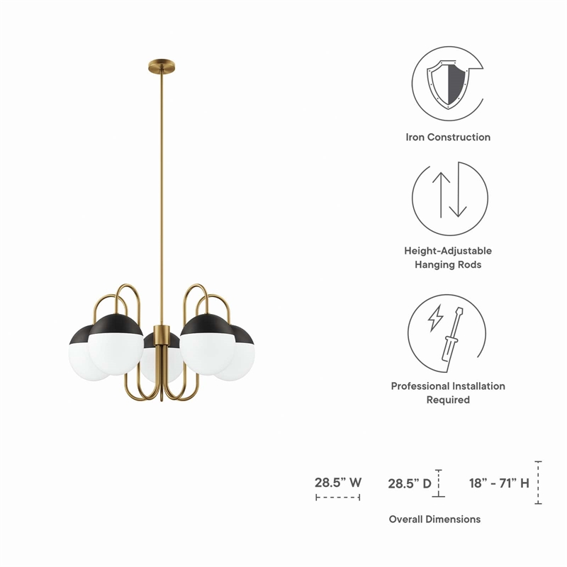 Modway Stellar 5-Light Metal and Glass Chandelier in Opal/Satin Brass