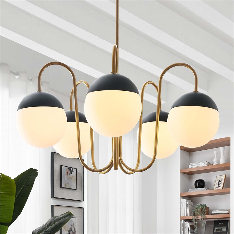 Modway Stellar 5-Light Metal and Glass Chandelier in Opal/Satin Brass
