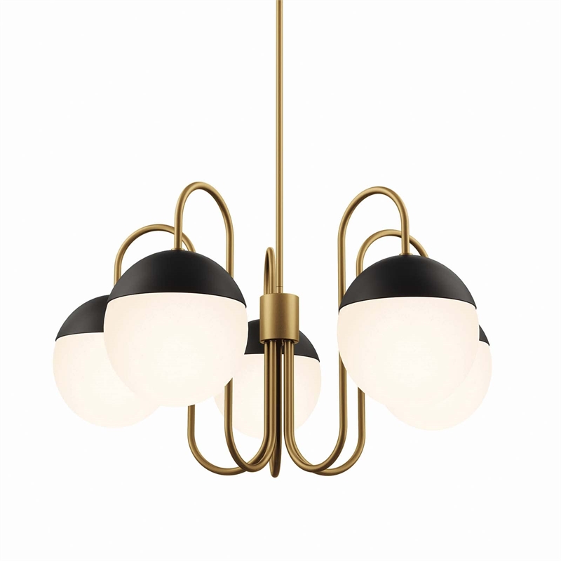 Modway Stellar 5-Light Metal and Glass Chandelier in Opal/Satin Brass