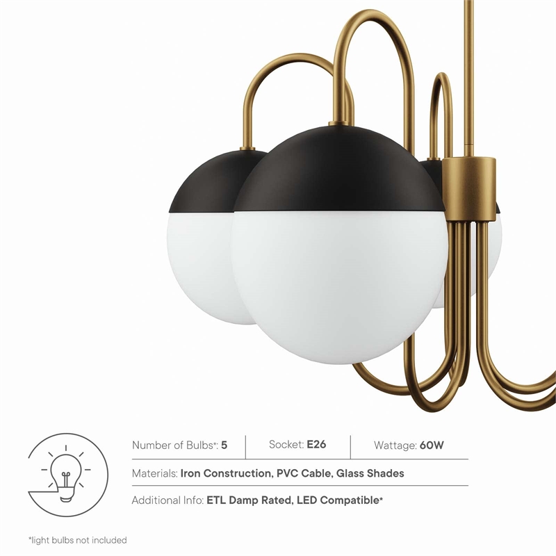 Modway Stellar 5-Light Metal and Glass Chandelier in Opal/Satin Brass