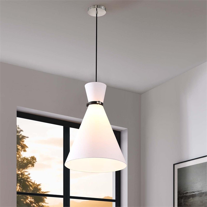 Modway Starlight 1-Light Fabric Pendant Light in White/Polished Nickel