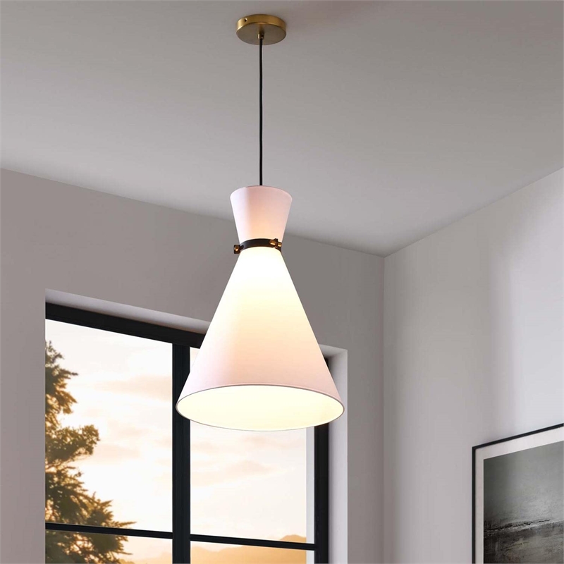 Modway Starlight 1-Light Fabric Pendant Light in White/Satin Brass