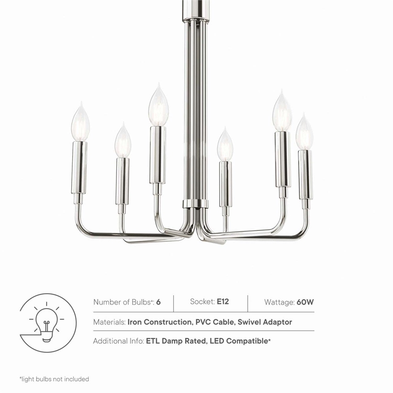 Modway Rekindle 6-Light Iron Metal Chandelier in Polished Nickel