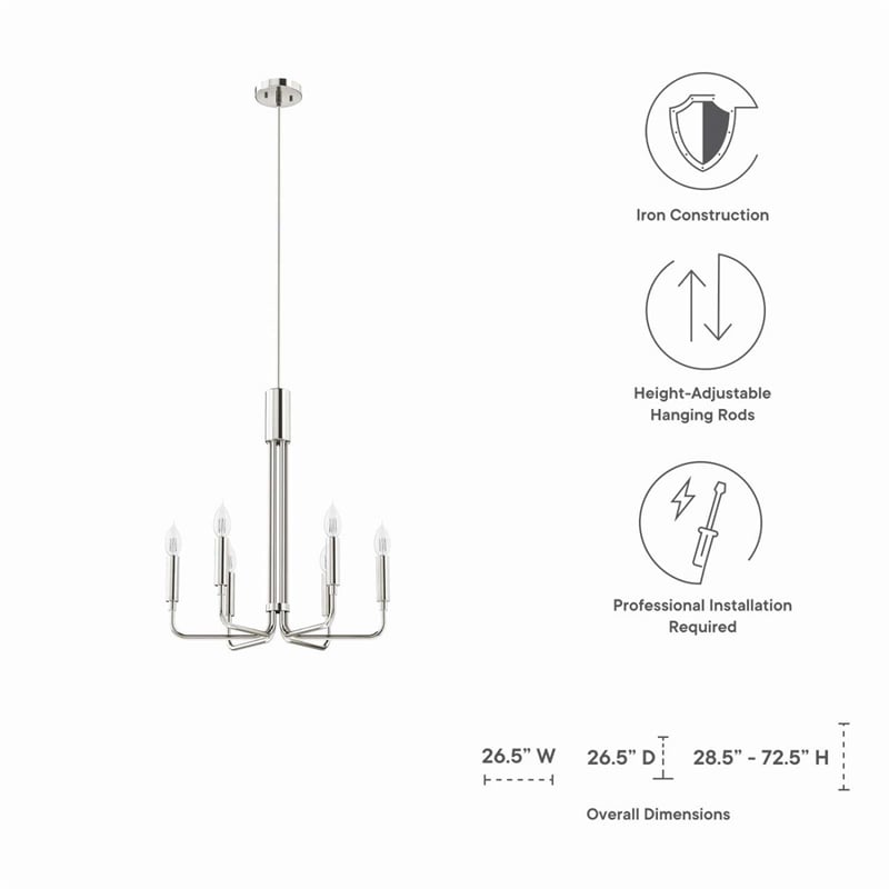 Modway Rekindle 6-Light Iron Metal Chandelier in Polished Nickel