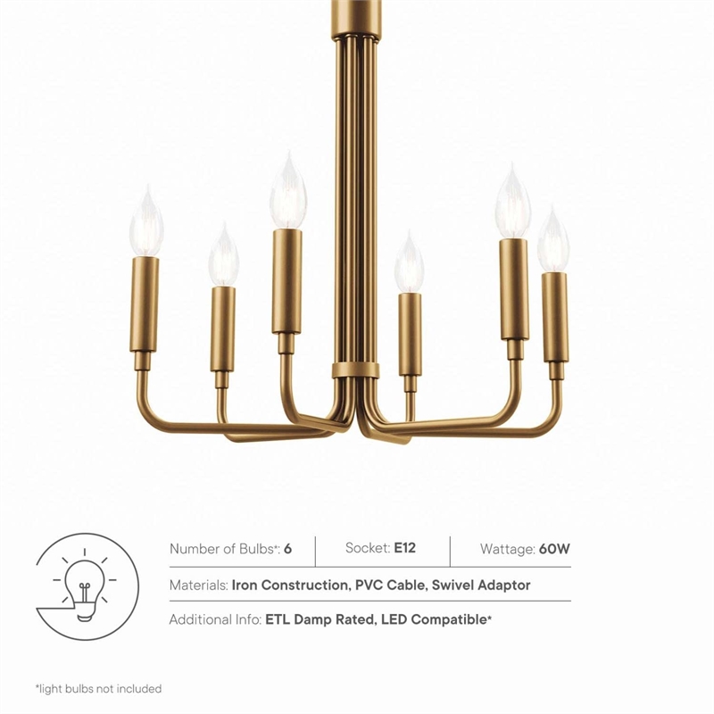 Modway Rekindle 6-Light Iron Metal Chandelier in Satin Brass