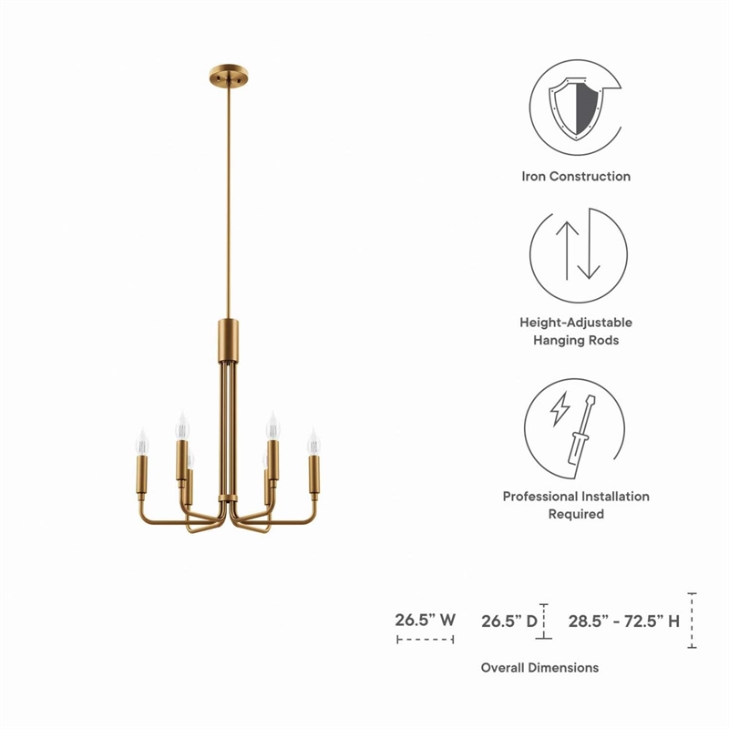 Modway Rekindle 6-Light Iron Metal Chandelier in Satin Brass