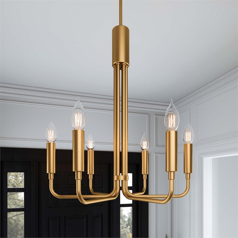 Modway Rekindle 6-Light Iron Metal Chandelier in Satin Brass