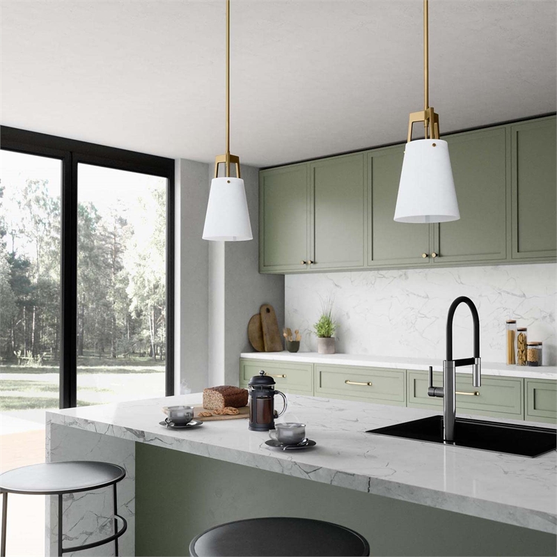 Modway Aspire Metal and Fabric Pendant Light in White and Satin Brass Finish