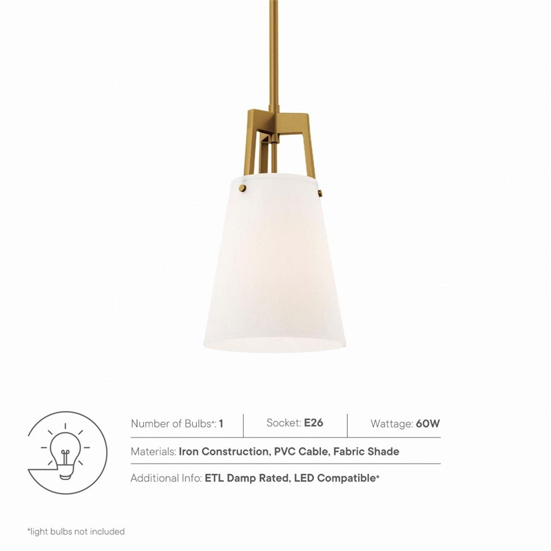 Modway Aspire Metal and Fabric Pendant Light in White and Satin Brass Finish