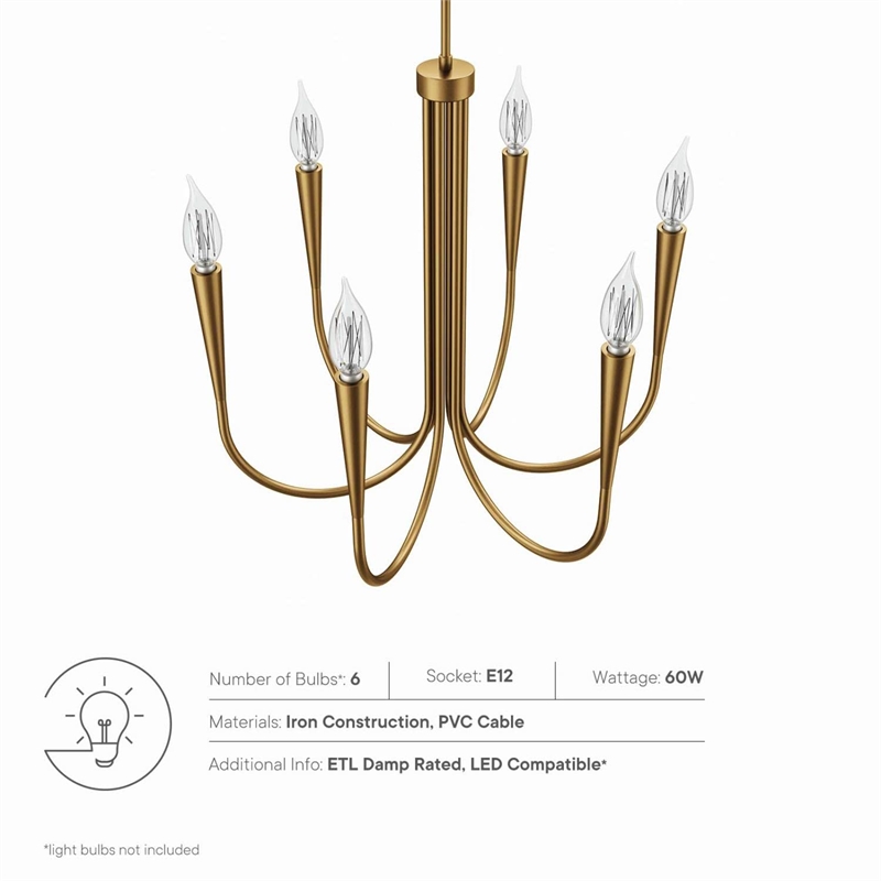 Modway Penrose 6-Light Modern Style Metal Chandelier in Satin Brass