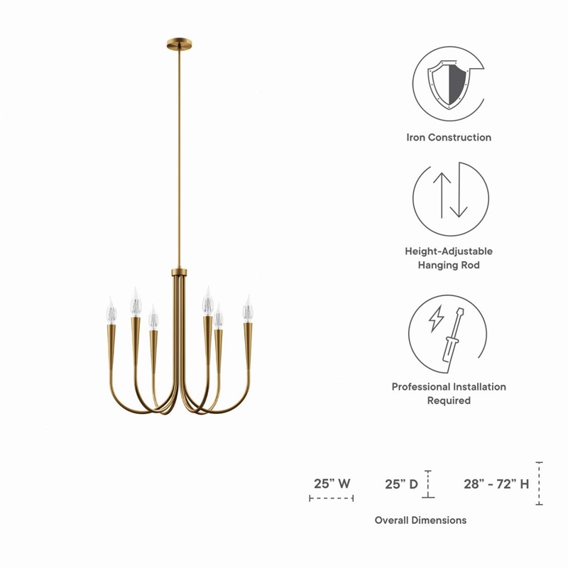 Modway Penrose 6-Light Modern Style Metal Chandelier in Satin Brass