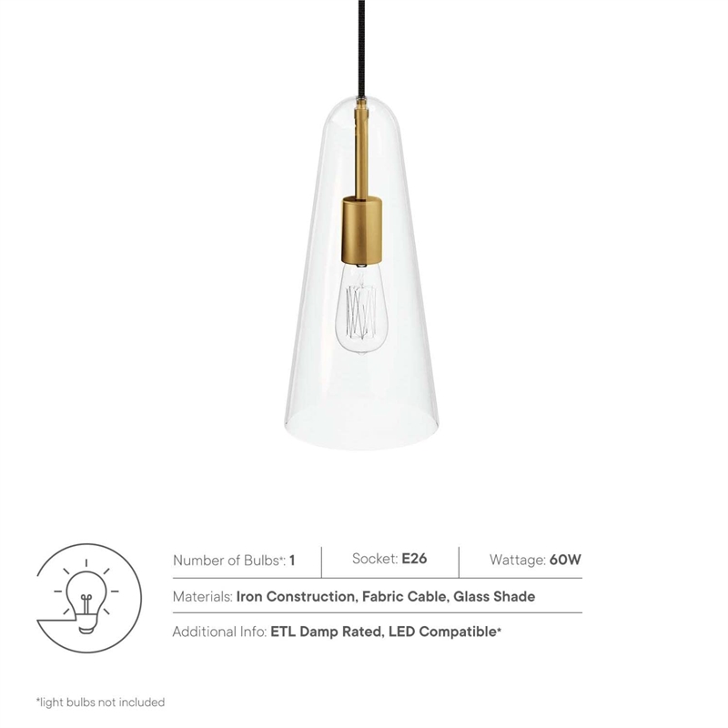 Modway Beacon 1-Light Metal and Glass Pendant Light in Clear/Satin Brass