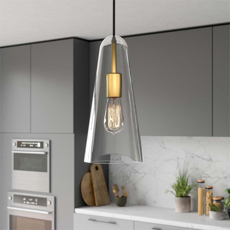 Modway Beacon 1-Light Metal and Glass Pendant Light in Clear/Satin Brass