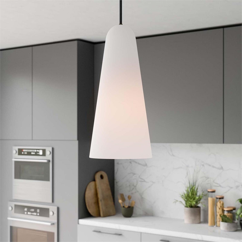Modway Beacon 1-Light Fabric and Glass Pendant Light in Opal/Black