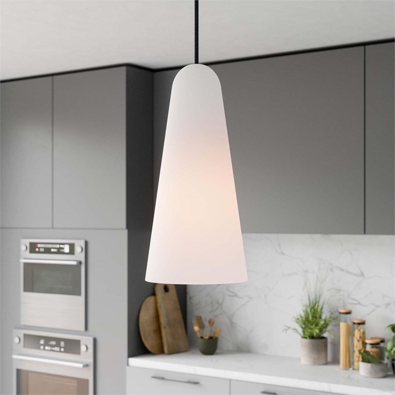Modway Beacon 1-Light Fabric and Glass Pendant Light in Opal/Satin Brass