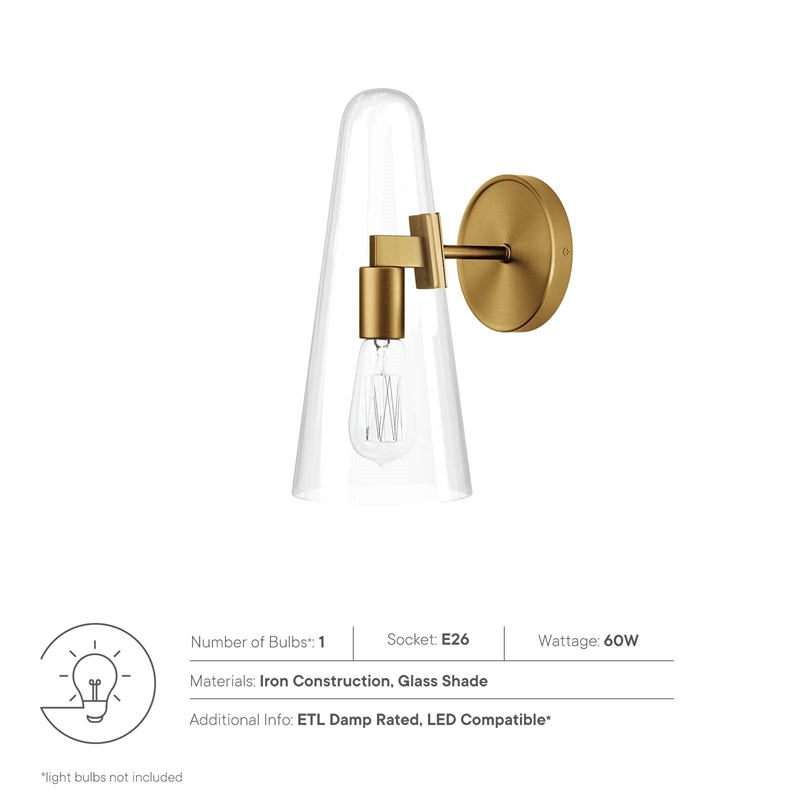 Modway Beacon 1-Light Metal and Glass Wall Sconce in Clear/Satin Brass