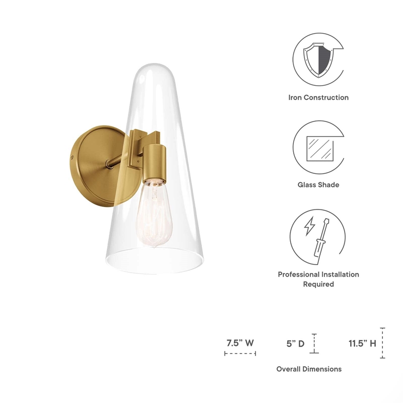 Modway Beacon 1-Light Metal and Glass Wall Sconce in Clear/Satin Brass