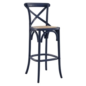 Modway Gear 43.5&quot Rattan and Elm Wood Bar Stool in Midnight Blue Finish