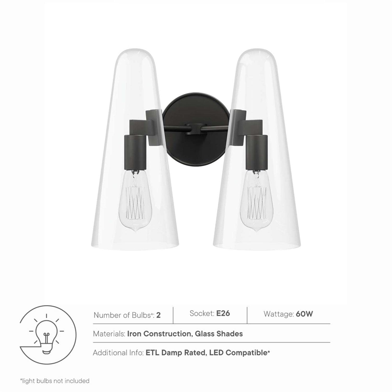 Modway Beacon 2-Light Metal and Glass Wall Sconce in Clear/Black