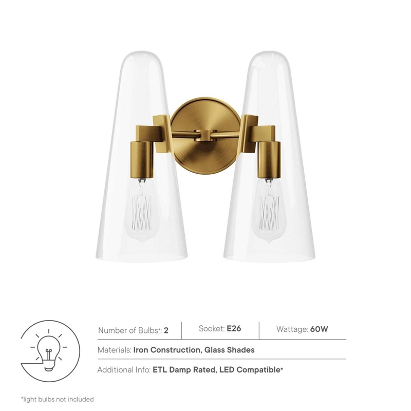 Modway Beacon 2-Light Metal and Glass Wall Sconce in Clear/Satin Brass