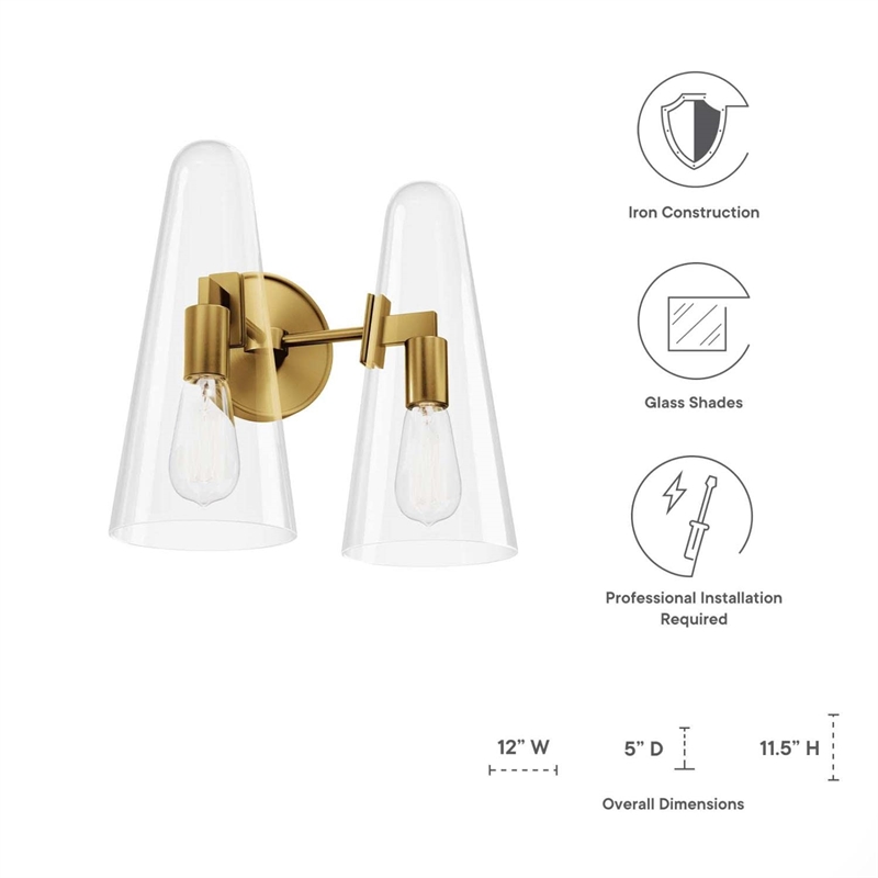 Modway Beacon 2-Light Metal and Glass Wall Sconce in Clear/Satin Brass