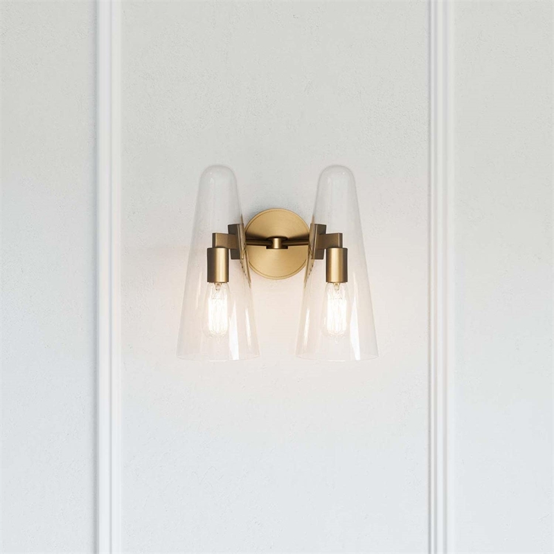 Modway Beacon 2-Light Metal and Glass Wall Sconce in Clear/Satin Brass