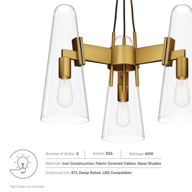 Modway Beacon 3-Light Metal and Glass Pendant Light in Clear/Satin Brass